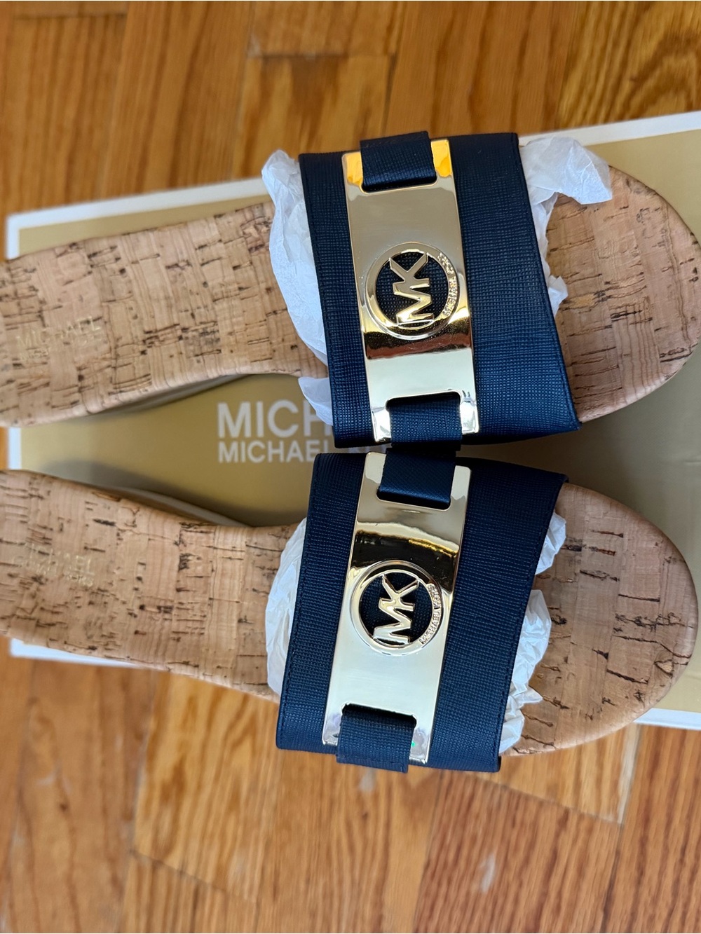 Michael Kors Navy & Gold MK Logo Cork Slide Sandals